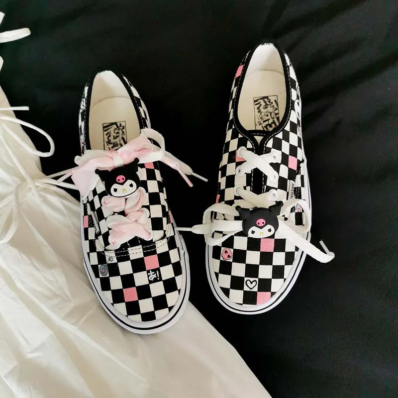 Kawaii Kuromi Black And White Checkerboard Canvas Shoes
