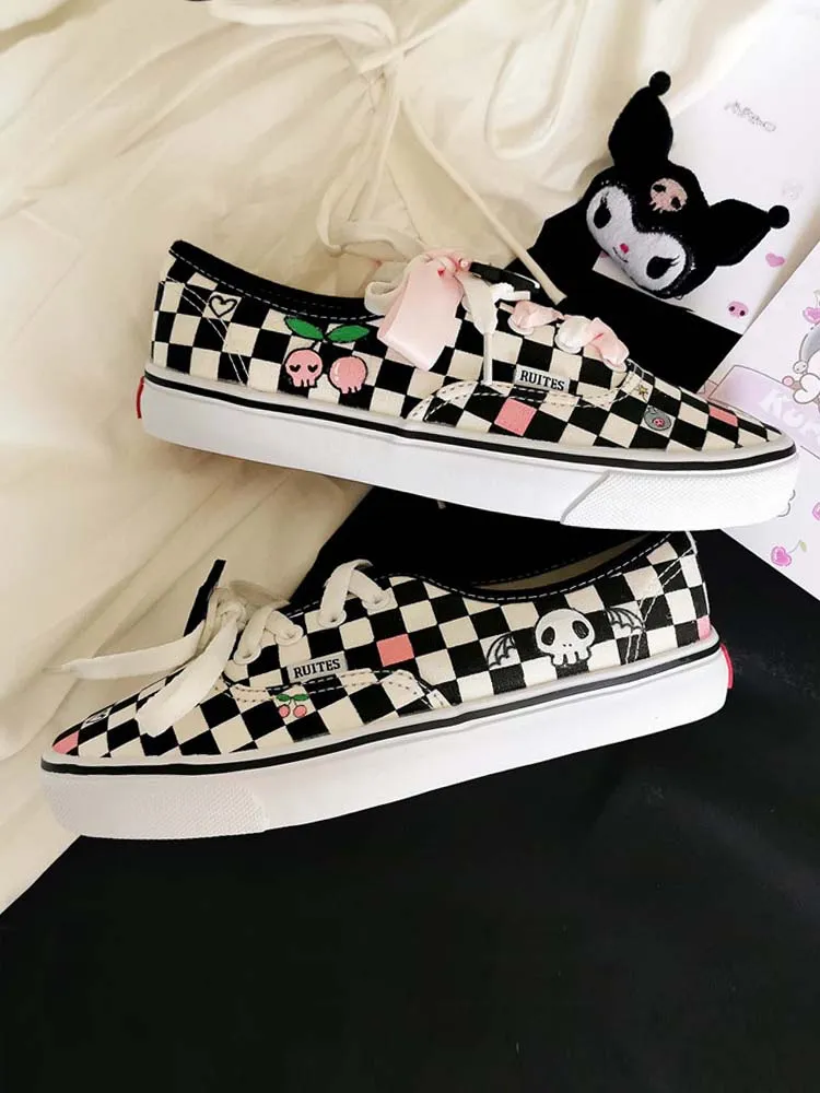 Kawaii Kuromi Black And White Checkerboard Canvas Shoes