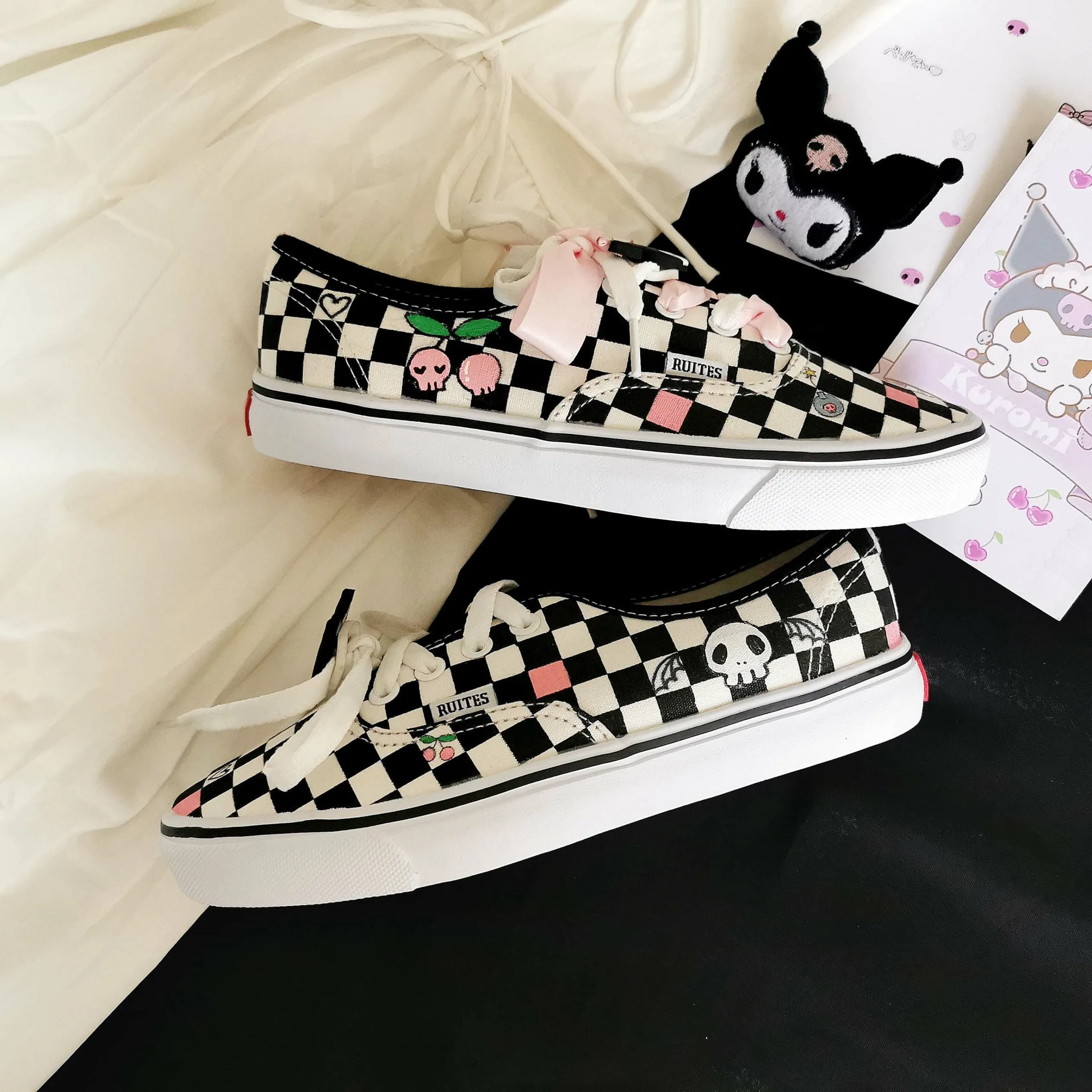 Kawaii Kuromi Black And White Checkerboard Canvas Shoes