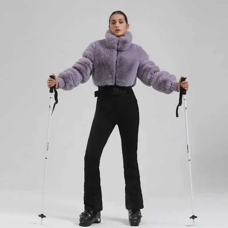 Ladies Tight One-piece Ski Jumpsuits High Pile Fleece Snowsuits
