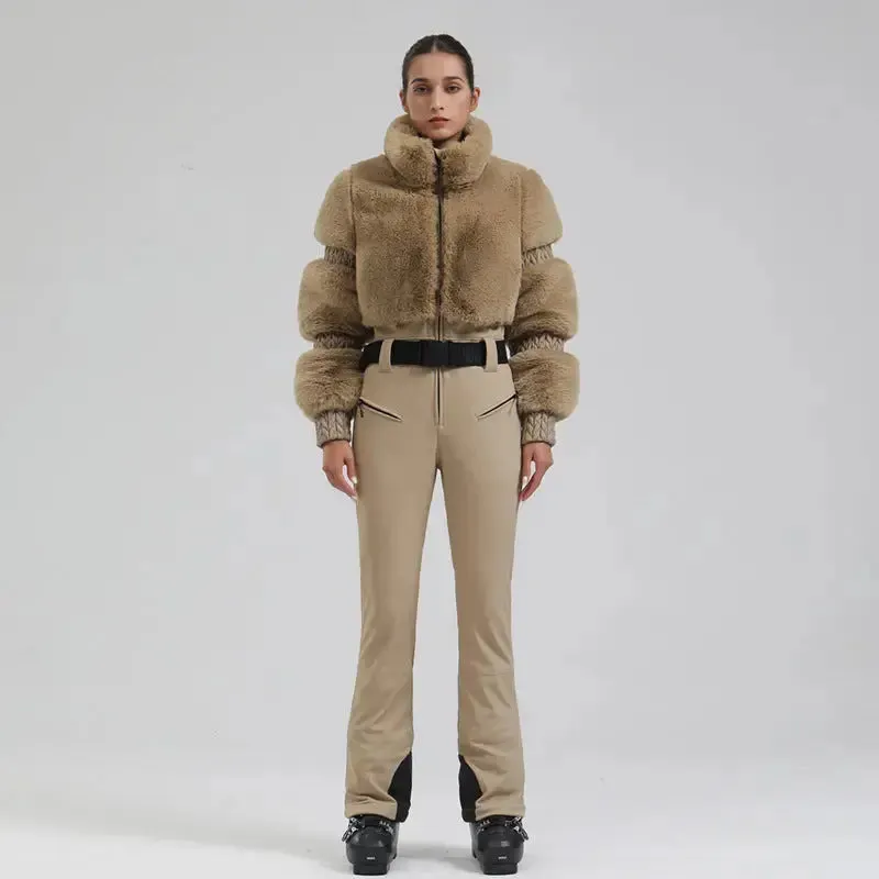 Ladies Tight One-piece Ski Jumpsuits High Pile Fleece Snowsuits