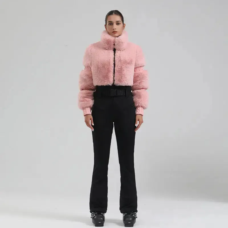 Ladies Tight One-piece Ski Jumpsuits High Pile Fleece Snowsuits