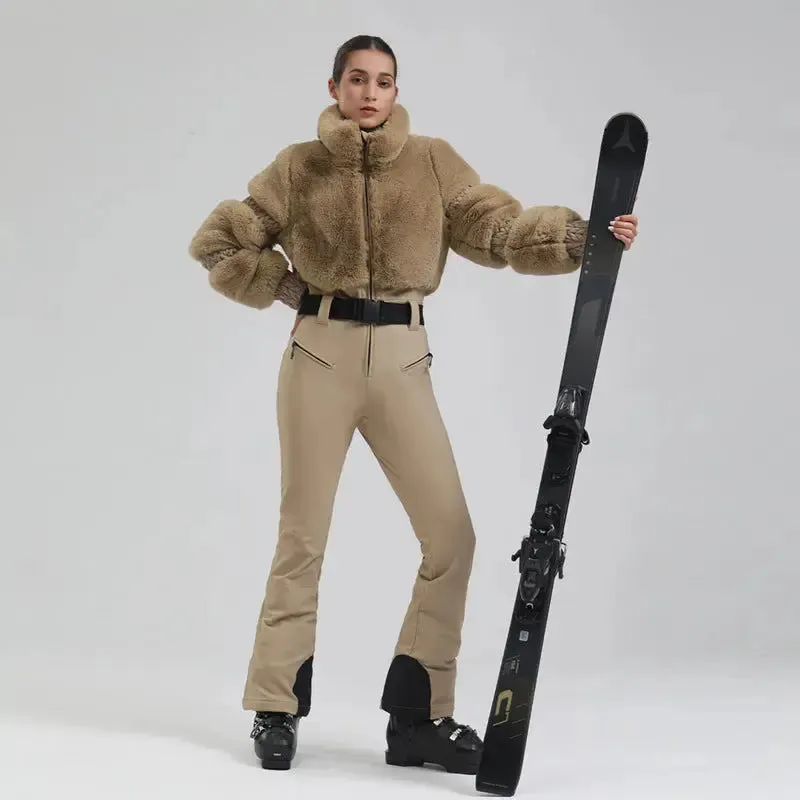 Ladies Tight One-piece Ski Jumpsuits High Pile Fleece Snowsuits