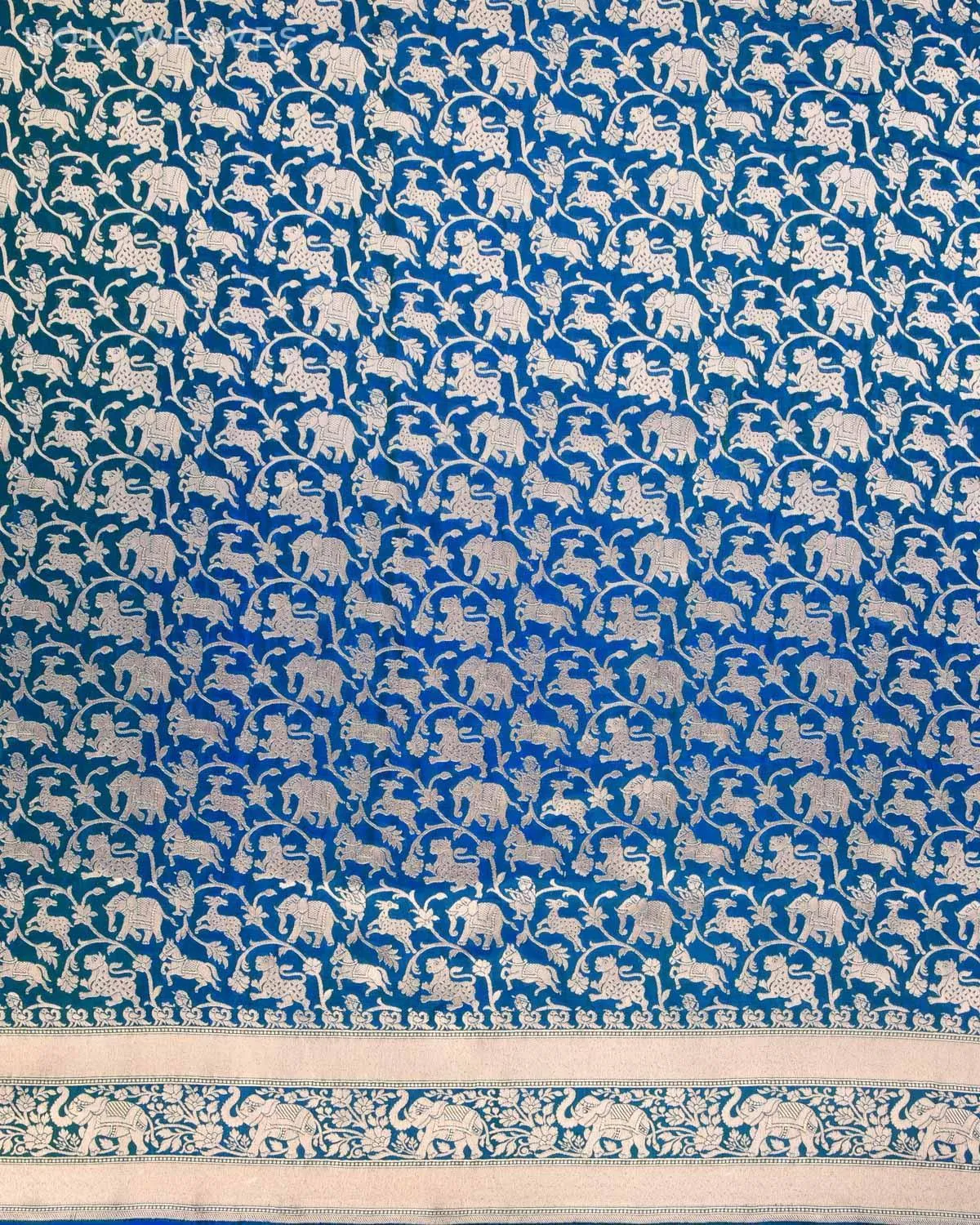 Shot Blue-Green Banarasi Shikargah Cutwork Brocade Handwoven Katan Silk Saree with Elephant Trail Border