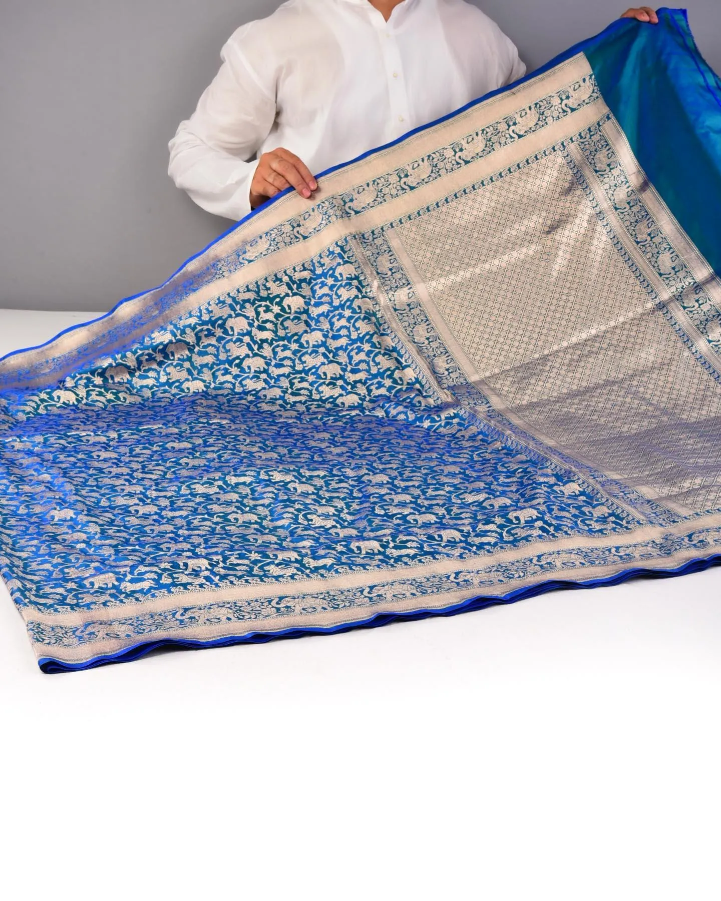 Shot Blue-Green Banarasi Shikargah Cutwork Brocade Handwoven Katan Silk Saree with Elephant Trail Border