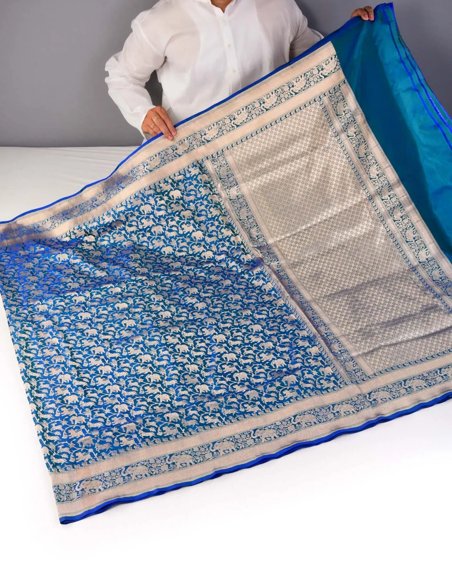Shot Blue-Green Banarasi Shikargah Cutwork Brocade Handwoven Katan Silk Saree with Elephant Trail Border