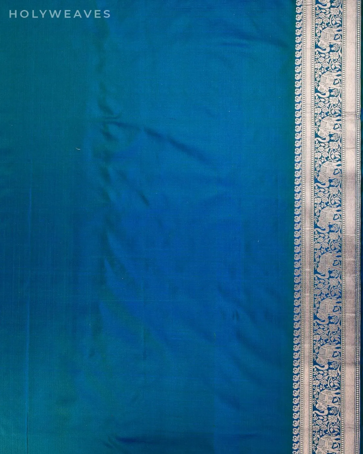 Shot Blue-Green Banarasi Shikargah Cutwork Brocade Handwoven Katan Silk Saree with Elephant Trail Border