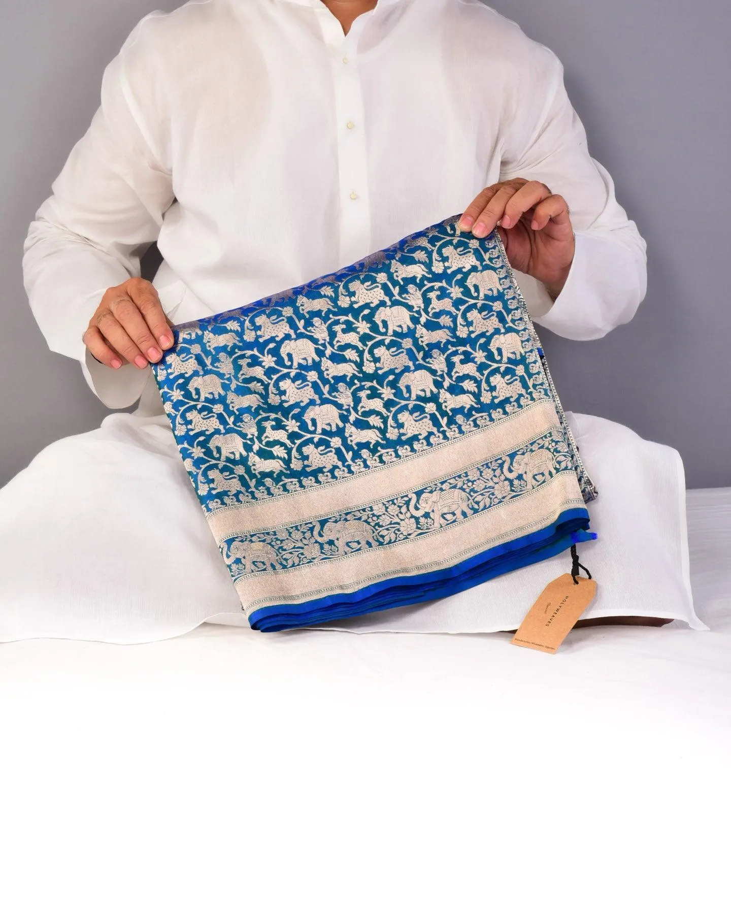 Shot Blue-Green Banarasi Shikargah Cutwork Brocade Handwoven Katan Silk Saree with Elephant Trail Border